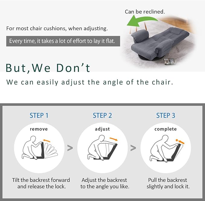 FLOGUOR 360 Degree Swivle Adjustable Floor Chair Chaise Lounge Indoor Folding Lazy Sofa with Armrests and Side Pocket Adults Gaming Chairs for Living Room Bedroom Factory Price 201 (GR)