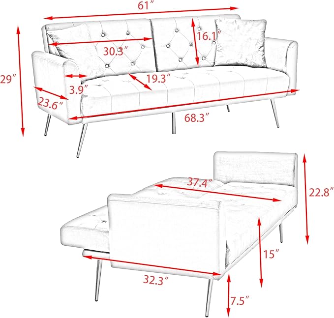 Modern Velvet 2 in 1 Futon Sofa BedConvertible Folding Sleeper Bed Couches with 2 Pillows73 Tufted Recliner Love Seat with Golden Chrome Legs for Living Room Apartment Office (Grey-New)