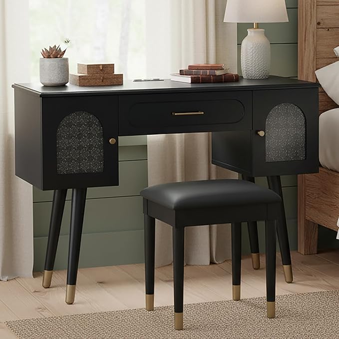 Merax Modern Home Office Desk with Stool Black Elegant Frosted Glass Doors Writing Desk with 1 Compartment Storage Drawer &amp 2 Cabinets &amp Charging Port