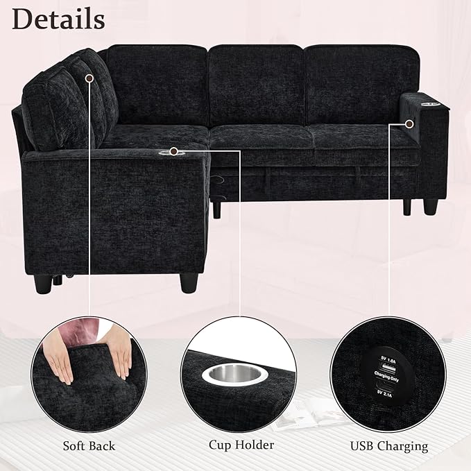 L-Shaped Sofa with Pull Out Sofa Bed Sleeper Sofa Couch Bed with Storage Seat 5 Seat Sectional Sofa with USB and Cup Holder for Living Room Apartment (Black-2.11)