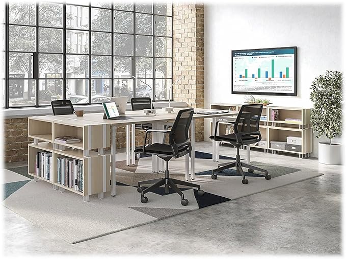 Safco Modern Home Office Desk Beige Wood Laminate White Powder Coat Steel Frame