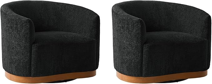 HULALA HOME Chenille Swivel Accent Chairs Set of 2 Fully Assembled Comfy Upholstery Barrel Armchair with Sturdy Solid Wood Base Black