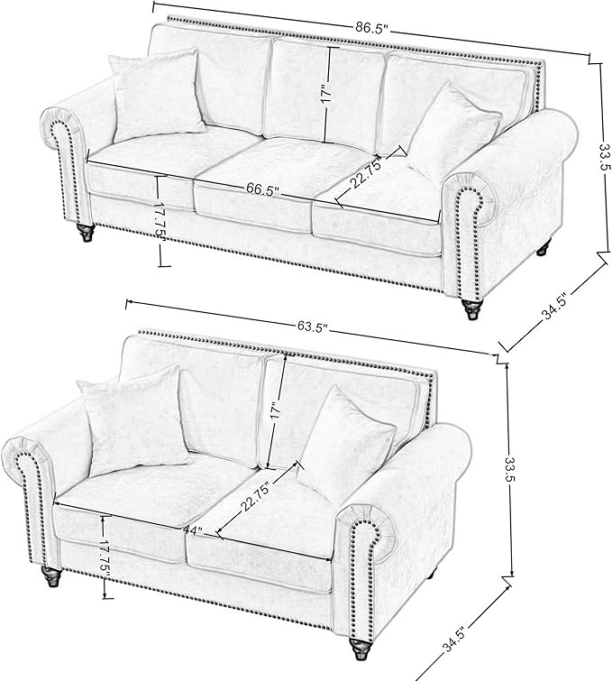 2-Piece Classic Chenille Living Room Sofa Set Chesterfield Sofa Set of 2 for Living Room - Traditional Rolled Arm Couch &amp Loveseat with Nailhead Trim Solid Wood Frame Earthy Tone Upholstery Gr