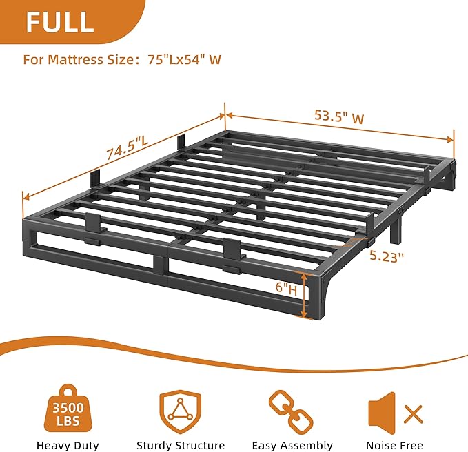 Full Size Bed Frame 6 Inch Metal Platform Bed Frames with Squeak Free U-Slot Design 6 Non-Slip Guards 3500lbs Heavy Duty Steel Slat Support No Box Spring Needed Under Bed Storage Black