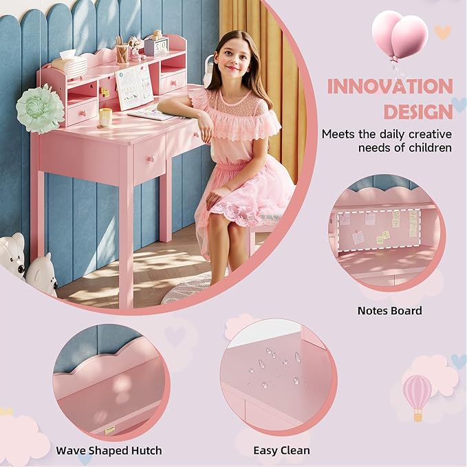 Pink Writing Desk with Hutch &amp 5 Drawers - 40 Inch Modern Computer Workstation for Home Office Teen Desk Small Study Desk Ideal for Gift