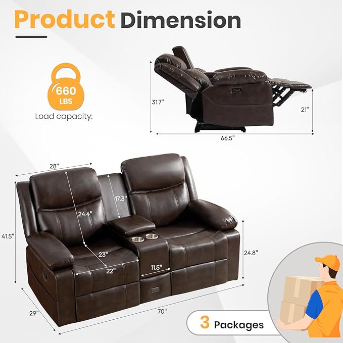 Loveseat Recliner Sofa with Massage &amp Heating Reclining Loveseat with Console RV Wall Hugger Double Loveseat Recliner Couch for Living Room &amp Home Theater (Brown)