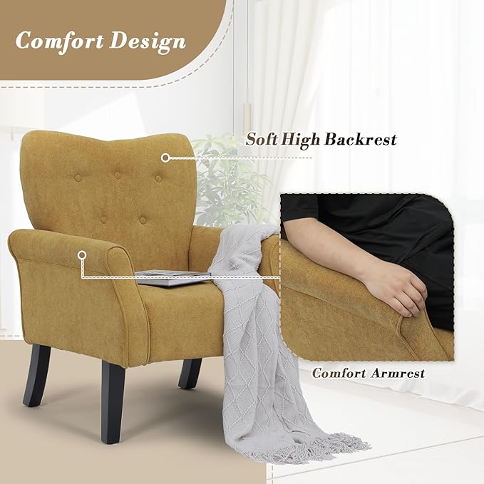 Athena Collection Mid Century Accent Chair Upholstered Modern Comfy Armchair Single Sofa Elegant Vanity Chair Reading Chair with High Back and Solid Wood Legs for Bedroom Living Room Dark Yellow