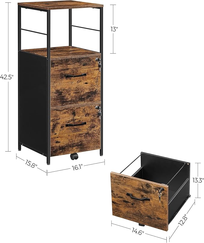 VASAGLE File Cabinet for Home Office 2-Drawer Filing Cabinet with Lock Open Shelf Printer Stand for A4 and Letter Sized Files Adjustable Feet Industrial Rustic Brown and Ink Black UOFC045B01
