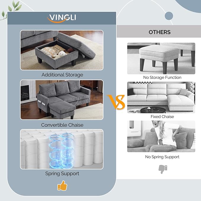 VINGLI 68.5' L Shaped Couch with Removable Storage Ottoman Convertible Sectional Sofa in Corduroy Fabric Modern Reversible Chaise Couch for Small Spaces Apartment Living RoomGrey