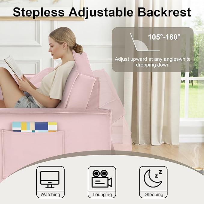 3-in-1 Convertible Sofa Bed 55'' Pull Out Couch Bed with Adjustable Backrest Velvet Fabric Sleeper Loveseat Sofa with Side Pocket Perfect for Living Room Easy Assembly(Pink)