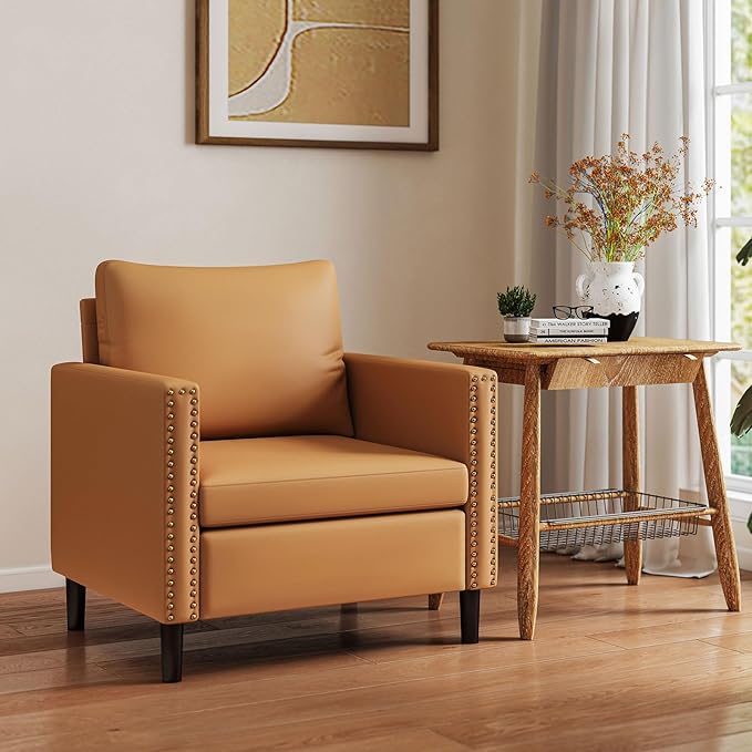 Modern PU Leather Accent Chair Mid-Century Armchair for Living Room Comfy Upholstered Reading Accent Chairs for Bedroom and Office Single Sofa Chair with Wood Legs (Brown 1 Pack)