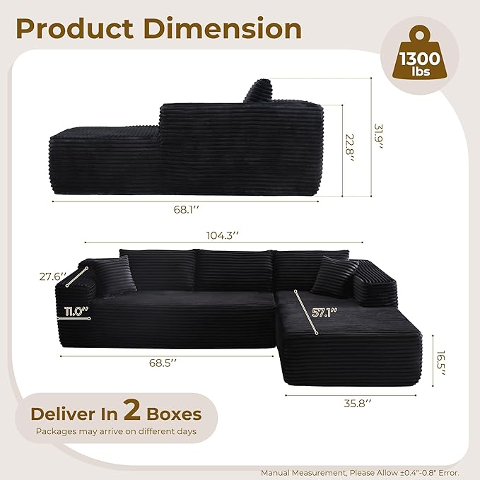 104 L-Shape Modular Sectional Sofa CouchComfy Upholstered Cloud Couch for Living RoomModern Minimalist CouchesDeep SeatNo Assembly Required (BlackPlush Corduroy Right Facing Chaise)