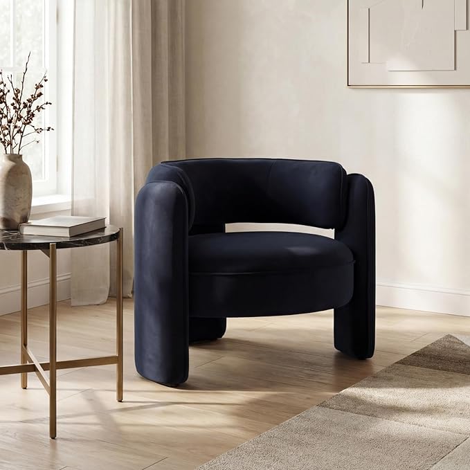 Modern Accent Chair Low Seat Round Upholstered Lounger Chair with Barrel Back Solid Wood Legs Mid Century Velvet Comfy Armchair Cozy Side Chair for Living Room Bedroom Black