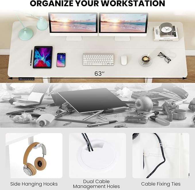 Tangkula 63 Inch Height Adjustable Electric Standing Desk Extra Large Sit Stand Desk with 3 Memory Height Settings Anti-Collision System 2 Hanging Hooks &amp Wire Holes Rising Desk for Home Offic