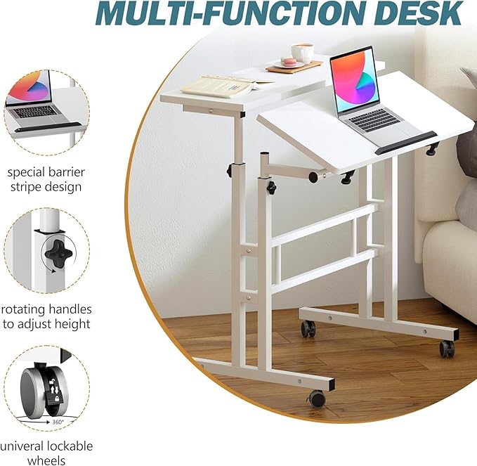 soges Height Adjustable Mobile Standing Desk Roling Sit-Stand Desk Small Standing Computer Desk Workstation on Wheels Sit Stand Up Desk for Home Office White