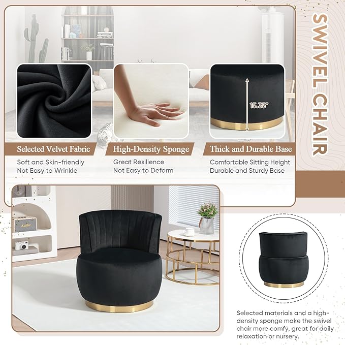 Velvet Swivel Barrel Chair Modern Upholstered Accent Chair 360° Swivel Round Lounge Chair with Gold Metal Base Comfy Arm Chair Sherpa Chair for Nursery Living Room Bedroom Club Office Black