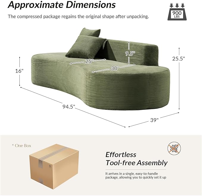 94.5 Modern Curved Sofa 3-Seater Comfy Foam Couch with 2 Pillows Frameless &amp No Assembly Required Cloud Couch for Living Room Green