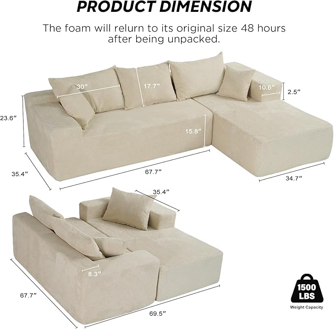 103 L Shaped Sectional Boneless Couch for Living Room Modern Modular Cloud Sofa with Right Facing Chaise Comfy Deep Seat Memory Foam Couch in Box No Assembly (1CM Wide Striped Corduroy Beige)