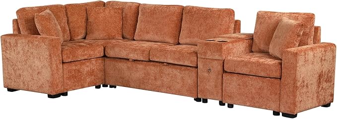 120.5 L-Shaped Convertible Sofa Bed with Pull-Out Bed Chenille Modular Sectional Sofa Reversible Sleeper with Cup Holders and Ample Storage Space for Living Room (Orange-120.5D)