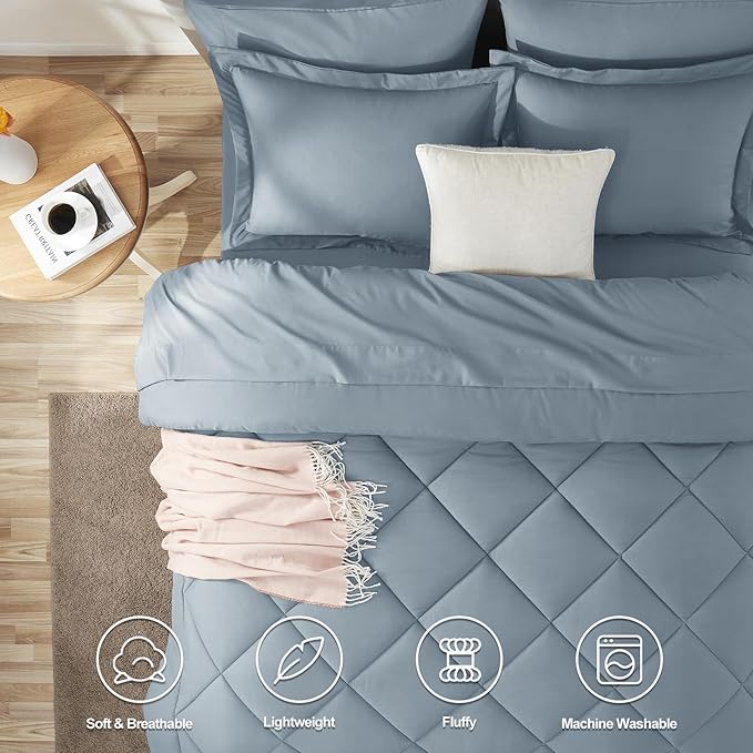 CozyLux Oversized Queen Comforter Set Dusty Blue 7 Pieces Bed in a Bag Comforter Set with Sheets Luxury Bed Set All Seasons Bedding Set with Down Alternative Comforter Sheets Pillowcases &amp Sha