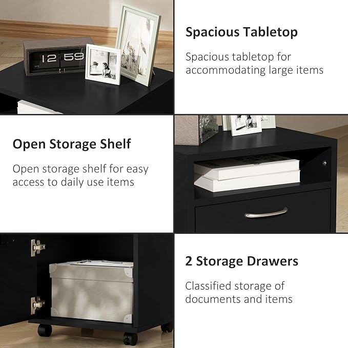 Mobile File Cabinet with 2 Drawers Under Desk Filing Cabinets Printer Stand Rolling Office Storage Cabinet with 4 Wheels for Home Office Organizer Letters/Legal/A4 (Black)