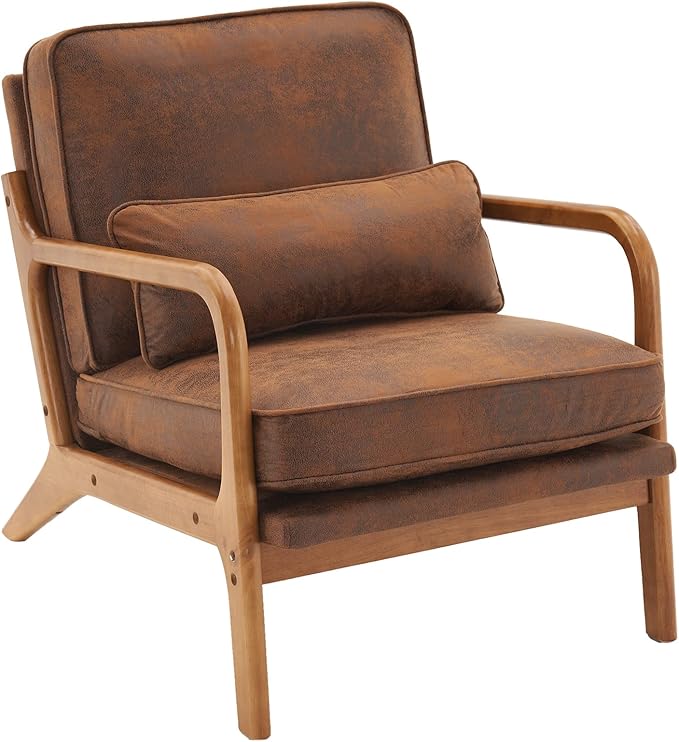 Living Room Chairs Mid Century Modern Accent Chair Single Lounge Reading Armchair Solid Wood Armrest Bedroom Chair Recliner Sofa Brown
