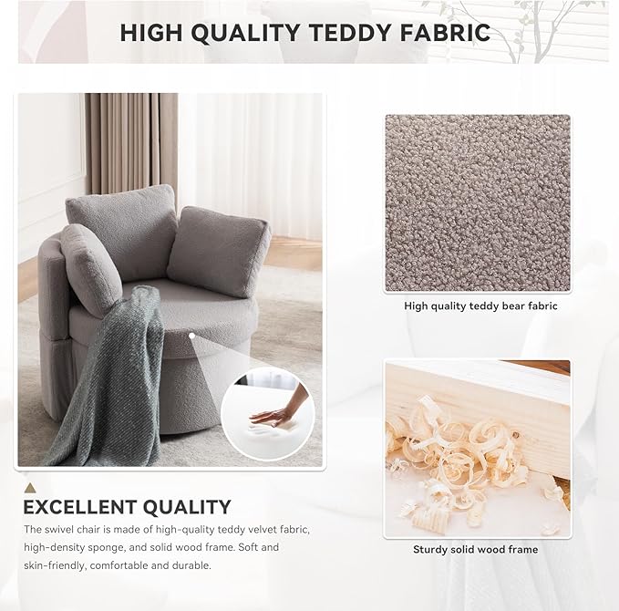 FOXHUNTER Swivel Barrel Chair 360 Degree Swivel Round Storage Chair with 3 Pillows Oversize Teddy Swivel Accent Chair Comfy Single Sofa Chair for Nursery Living Room Bedroom (Light Gray)
