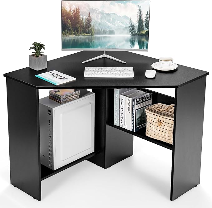 LDAILY Corner Desk with Storage Shelves &amp Cable Holes - Space-Saving Computer Table for Small Spaces Home Office Living Room Bedroom (Black)