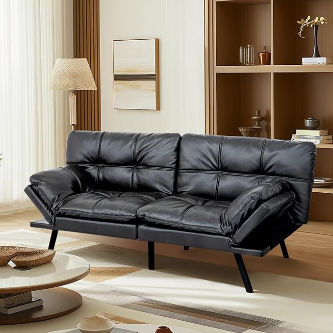 MUUEGM Futon Sofa Bed CouchConvertible Futon Sofa CouchLoveseat Sleeper Sofa BedModern Sofa Bed for Living RoomOfficeApartment71″Fabric Futon Couch with Adjustable BackrestJet Black
