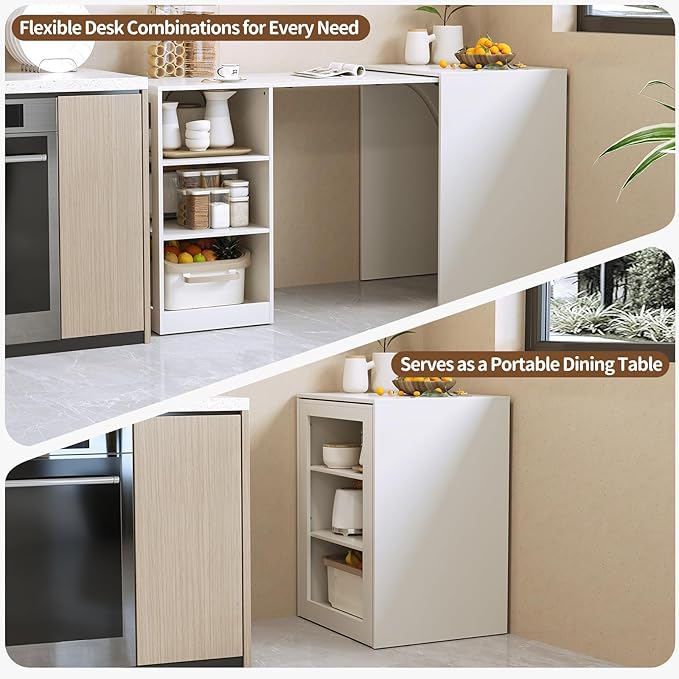 Folding Desk with Storage Computer Desk with 3-Tier Shelves for Compact Spaces Pull Out Writing Table for Home Office Bedroom Kitchen Living Room