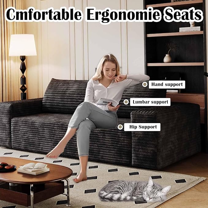 71 Corduroy Couch in a Box Cloud Loveseat Sofa with 2 Cushions Boneless Couches for Living Room Bedroom Small Space Compressed Deep Seat Memory Foam No Assembly (Black 71)
