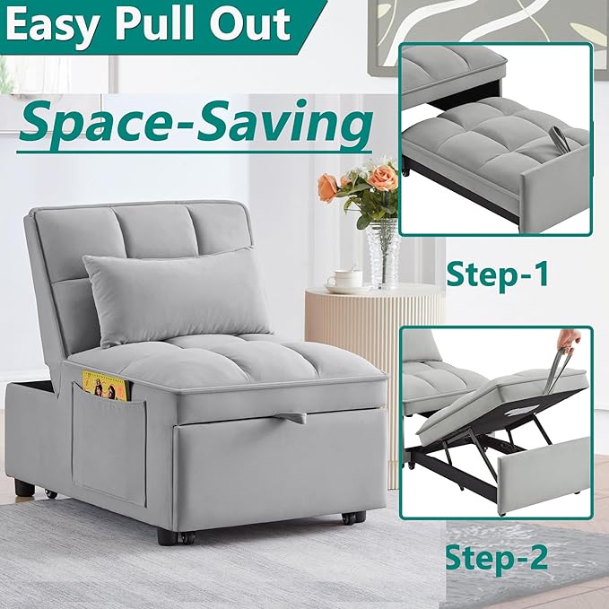 4 in 1 Bouncer with Pull-Out Bed Convertible Slip on Sofa Chair with Storage Pockets and Adjustable Backrest Comfortable Folding Footrest Bed Living Room (Gray)