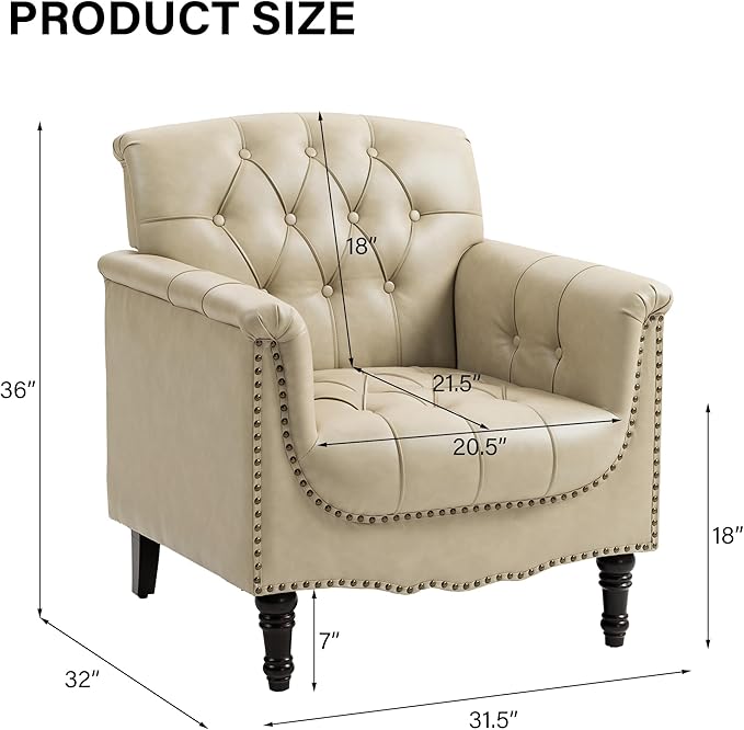 Faux Leather Accent Chair PU Leather Modern Comfy Upholstered Armchair with Wood Legs &amp Nailhead Trim for Living Room Bedroom (BeigeSet of 1)