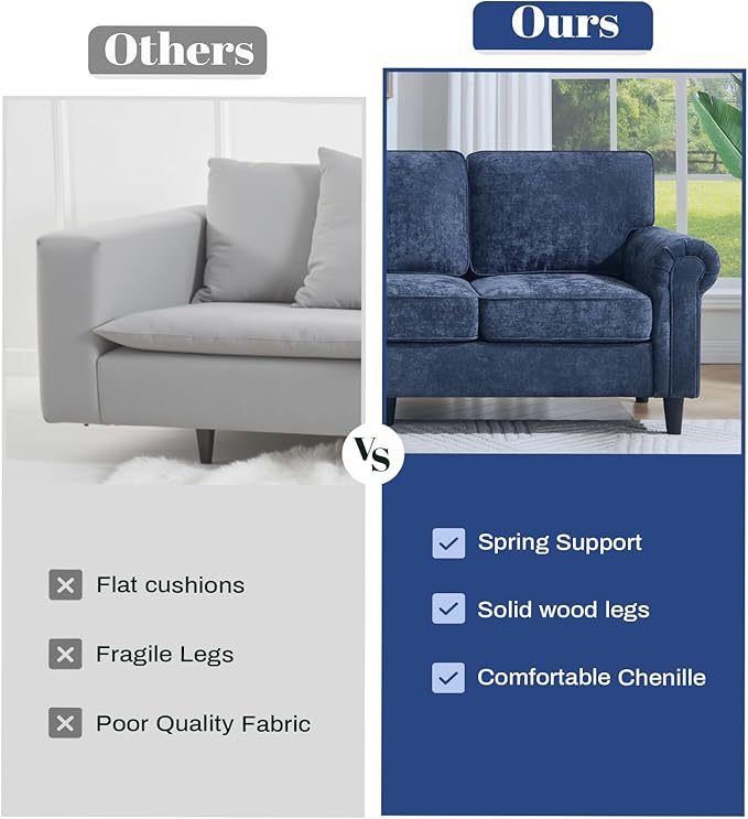 Kingfun 3 Seater Couch Mid Century Modern Sofa Set with Rolled Arms and Deep Seats Fluffy Comfort for Living Room Apartment Easy Assembly Blue