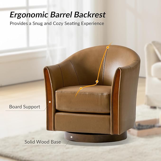 HULALA HOME Genuine Leather Swivel Accent Chair with Solid Wood Base Round Swivel Barrel Chair for Living Room and Bedroom Camel