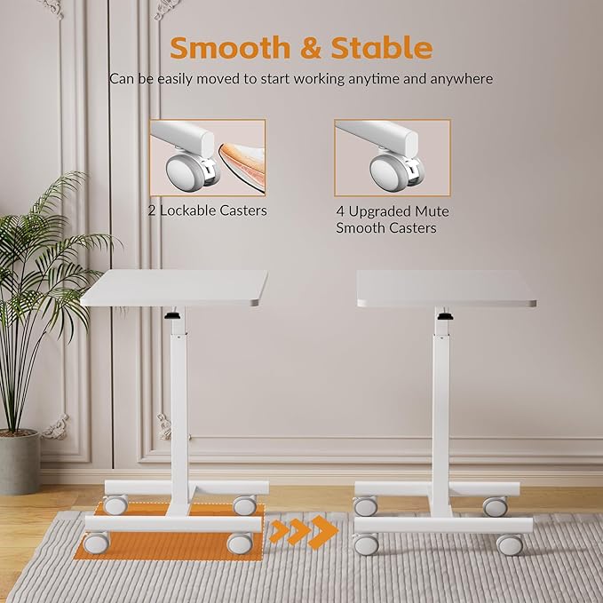 Mobile Small Standing Rolling Desk Adjustable Height Portable Laptop Desk on Wheels Workstation for Home Office with HookWhite