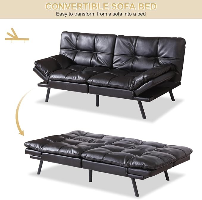 MUUEGM Futon Convertible Sofa Bed Memory Foam Sleeper CouchModern Loveseat for Living RoomAdjustable Armrests Backrest Sofabed BlackFaux Leather.