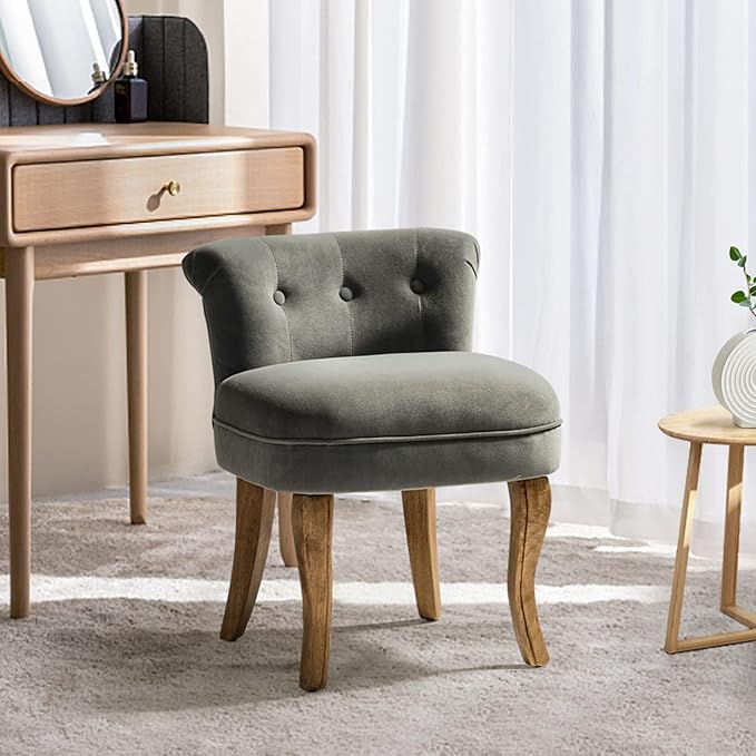 HULALA HOME Velvet Vanity Stool with Low Back Modern Vanity Chair with Solid Wood Legs Small Upholstered Makeup Chair Home Decor for Bedroom Living Room Dressing Table Women Girls Grey