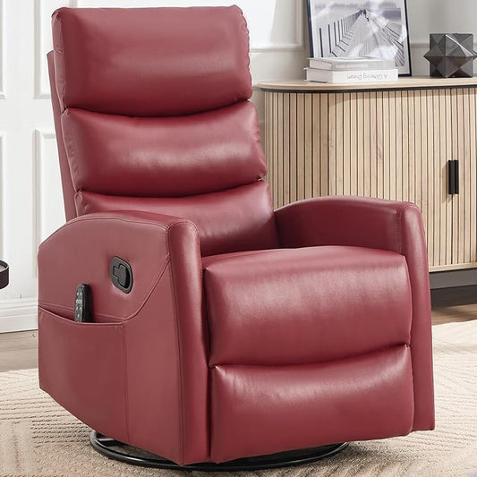 Swivel Recliner with Heat and Massage Rocker Recliner Chair for Living RoomGlider Recliner Nursery Chair with Black Metal Base/Adjustable Backrest and Footrest (PU Leather Red)