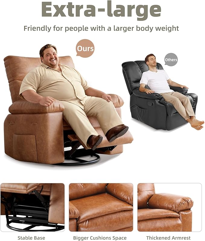 GarveeHome Oversized Rocker Swivel Recliner Chair - PU Leather Extra Wide Manual Recliner for Adults Large Lazy Chair with 1.5X Sponge Comfort Arm and Back for Living Room Bedroom