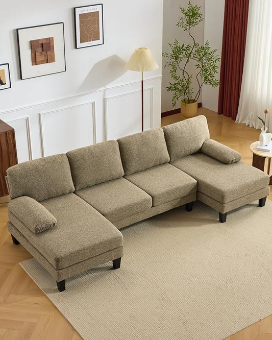Karl home 110 U-Shape Sectional Couches for Living Room Chenille Upholstery 4 Seat Sofa Set with Double Chaises &amp Wood Grain Legs for Apartment Khaki