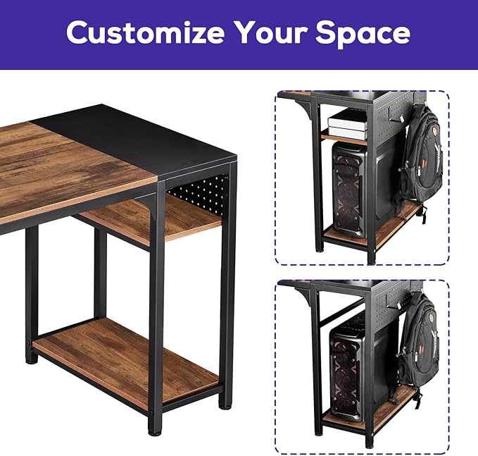 It's_Organized Reversible L Shaped Desk with Monitor Stand58x47 inch Corner DeskStudy Writing Computer Table with Storage Shelves for Home OfficeRustic Brown/Black