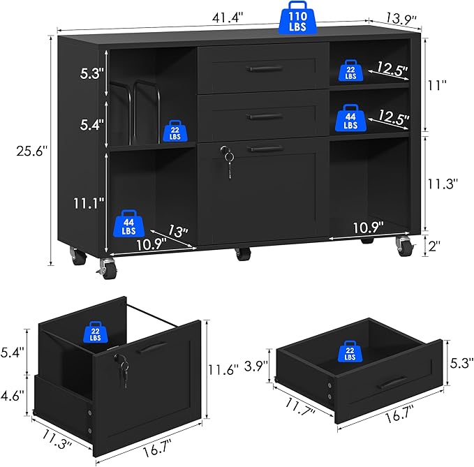 3 Drawer Wood Mobile Large lateral File Cabinet with Lock Lockable Rolling Filing Cabinet with Open Storage Shelves Printer Stand Office Storage for Home Office Fits Files Legal/A4 Black