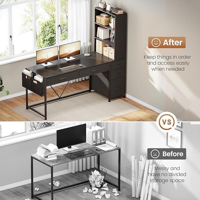SEDETA Computer Gaming Desk with 5 Drawers and Bookshelf Reversible Home Office Desk with Storage Shelves and File Drawer Corner Desk with LED Lights for Small Spaces Black