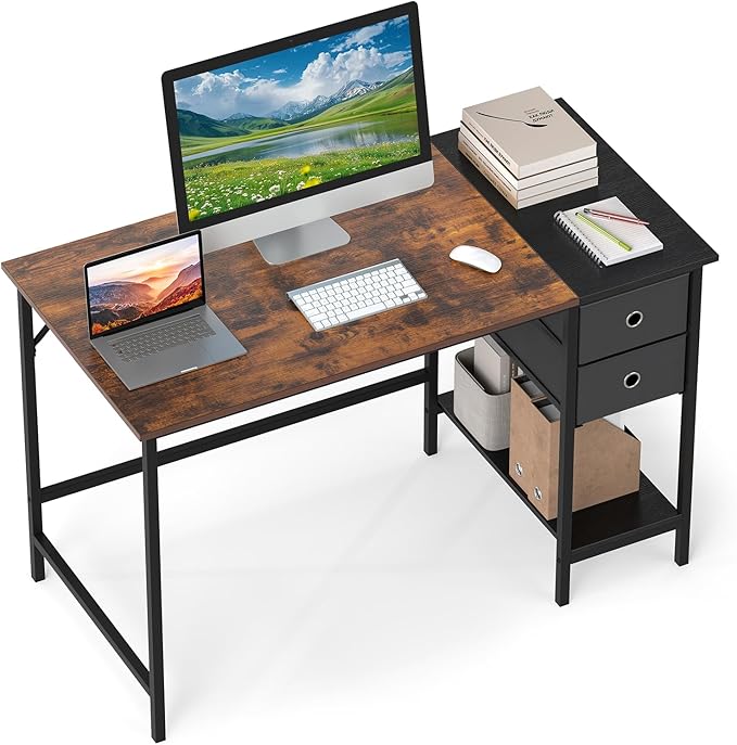 Giantex 48 Computer Desk with 2 Fabric Drawers Industrial Home Office Desk with Open Storage Shelf 2-Toned Finish &amp Metal Frame Gaming Study Writing Table for Small Space Bedroom Rustic Brow