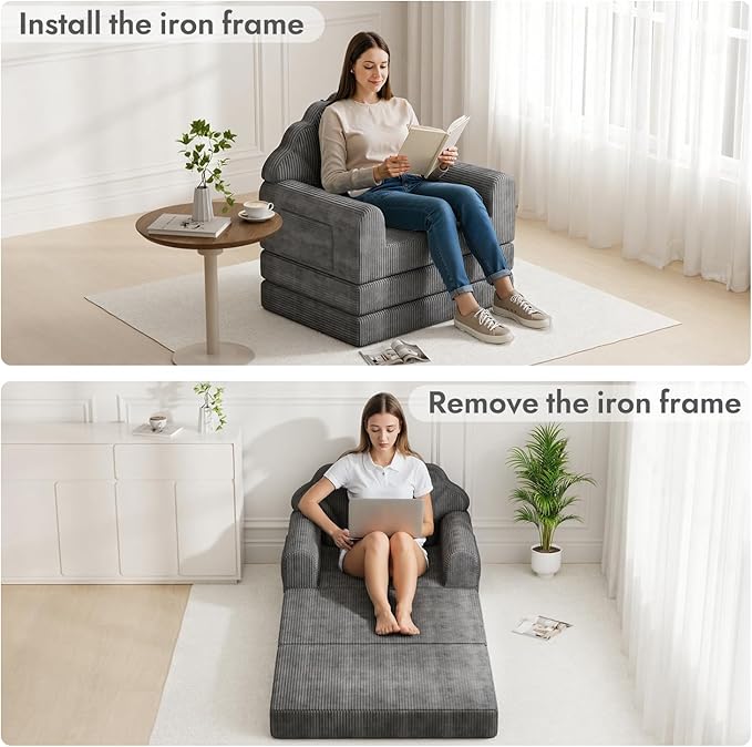 Folding Sofa Bed with Back Support 2-in-1 Convertible Futon Sleeper Chair for Adult 75 D x 34 W Fold Out Bean Bag Floor Foam Lounger Couch for Living Room Bedroom Small Space Grey
