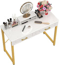 WESTREE 47.2 White and Gold Desk with 2 Drawers and Storage Shelf Modern Makeup Vanity with Glossy Desktop Gold Metal Frame Writing Desk for Bedroom or Home Office No Mirror