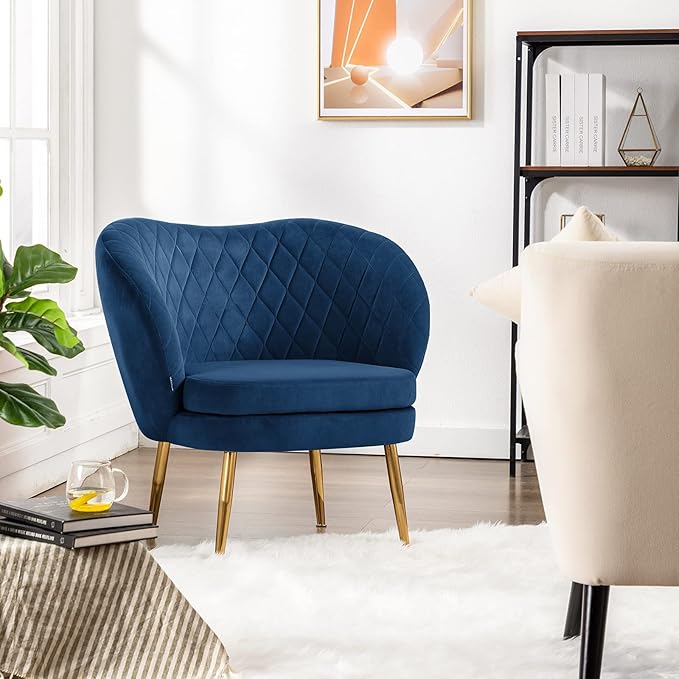 DUHOME Velvet Accent Chair with Barrel Backrest Upholstered Armchair Single Sofa for Living Room Bedroom Dining Room Blue