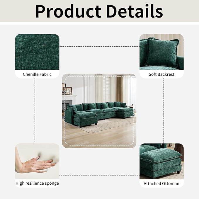 146.5 U Shaped Couch Modular Sectional Sofa Comfy Chenille Cloud Couch with Movable Ottoman and Pillow Modern 4-Seater Deep Seat Sofa for Living Room (Olive GreenU Shaped Sofa)