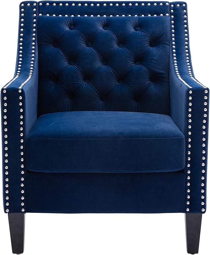 Generic Accent Armchair Living Room Chair with Nailheads and Solid Wood Legs Navy